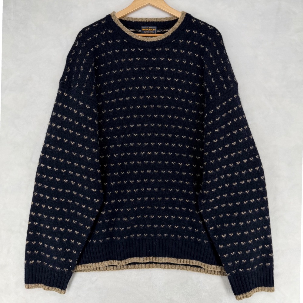 Vintage Woolrich Men's 2XL Birdseye Sweater Navy Tan Wool Blend Crewneck